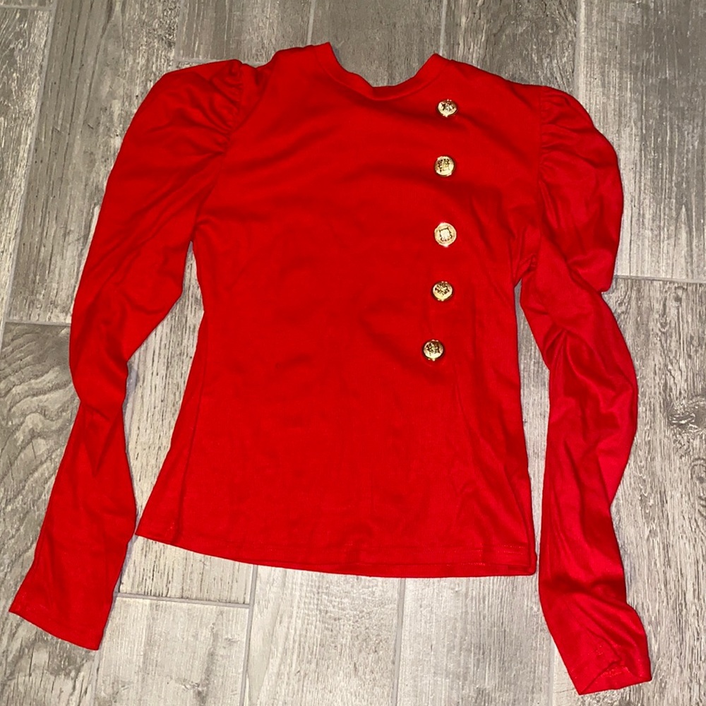 SHEIN Red Puff Sleeve Button Detail Long Sleeve Top